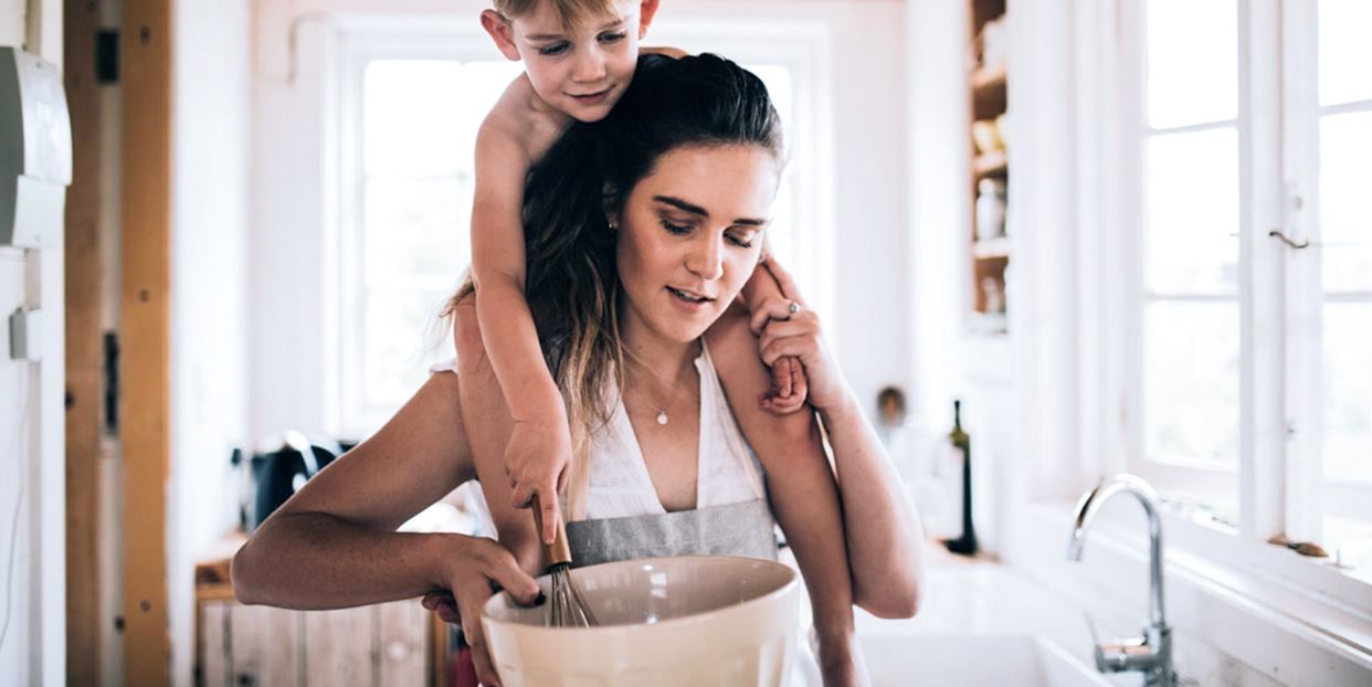 mother and son in kitchen